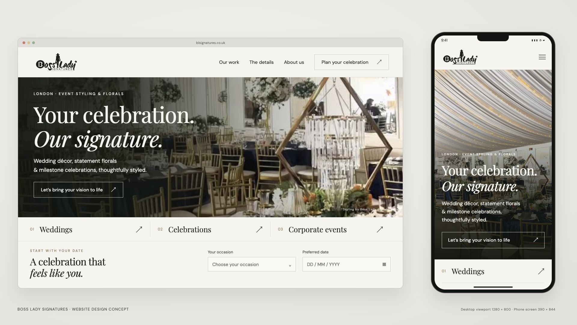 Desktop and mobile website concept for Boss Lady Signatures