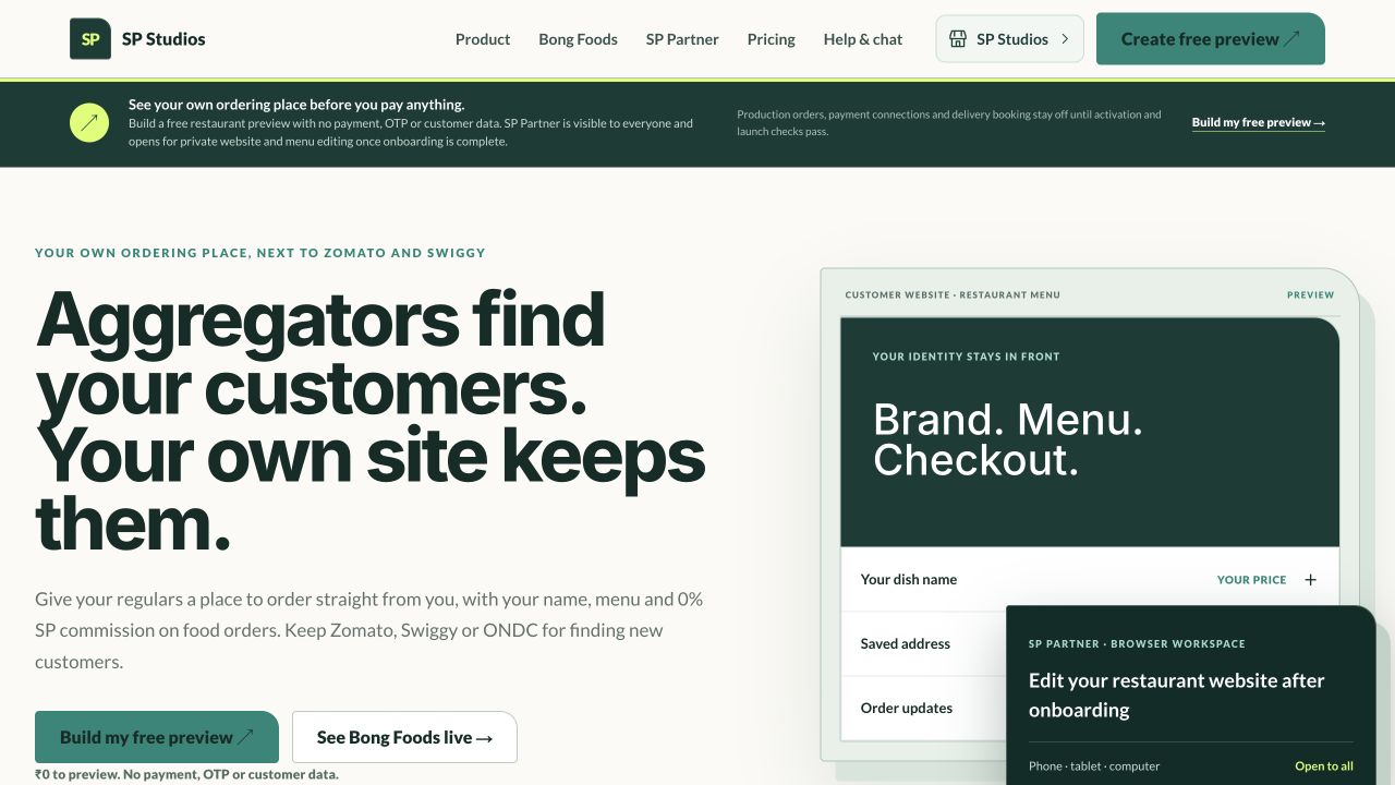 Current SP Studios restaurant ordering platform website