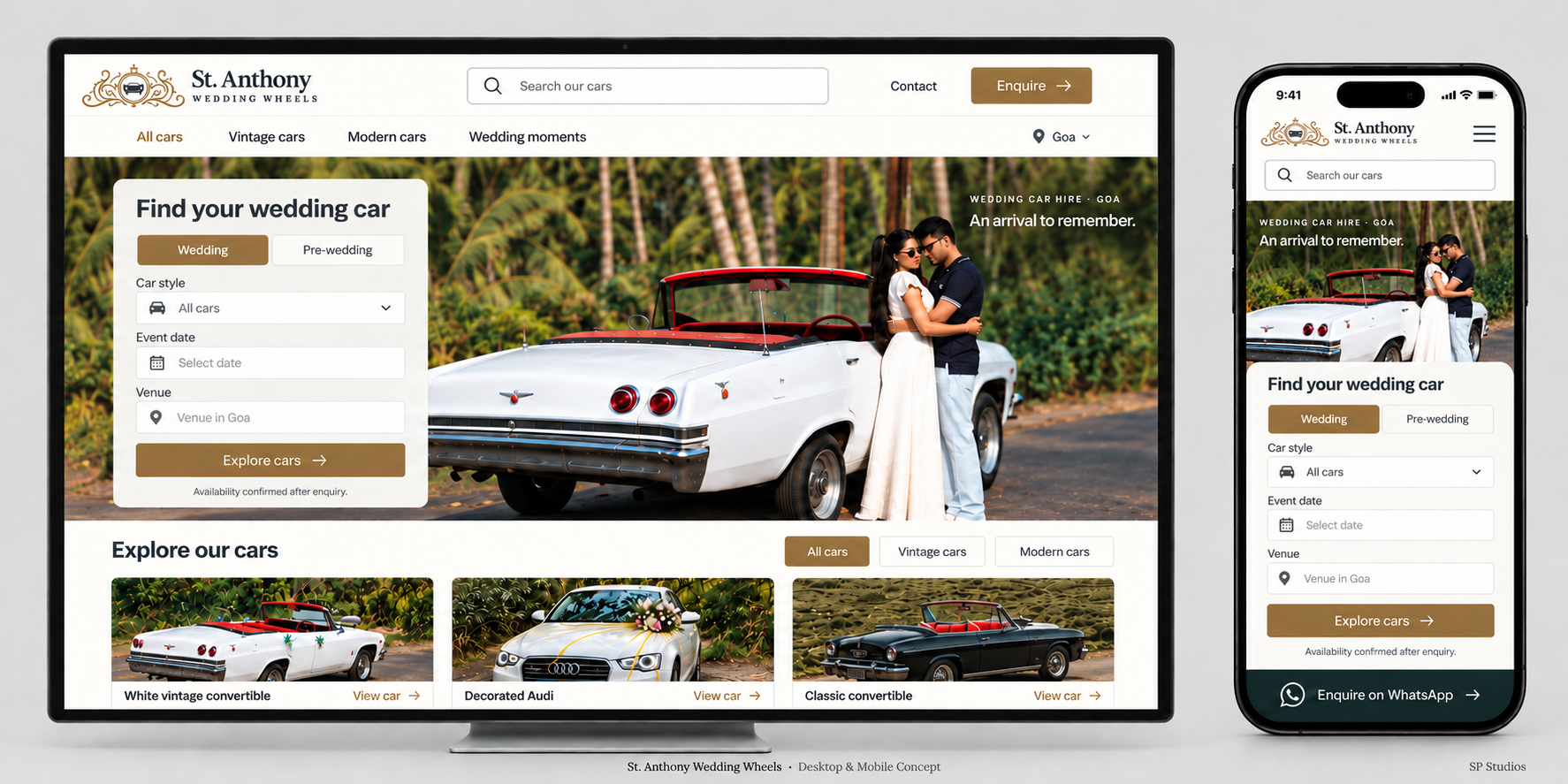 Finalized St. Anthony Wedding Wheels concept sent to the client, showing the desktop and mobile car enquiry experience