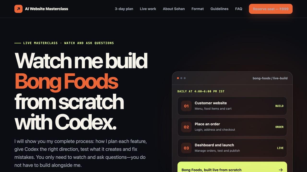 Published workshop page about building BongFoods live with Codex